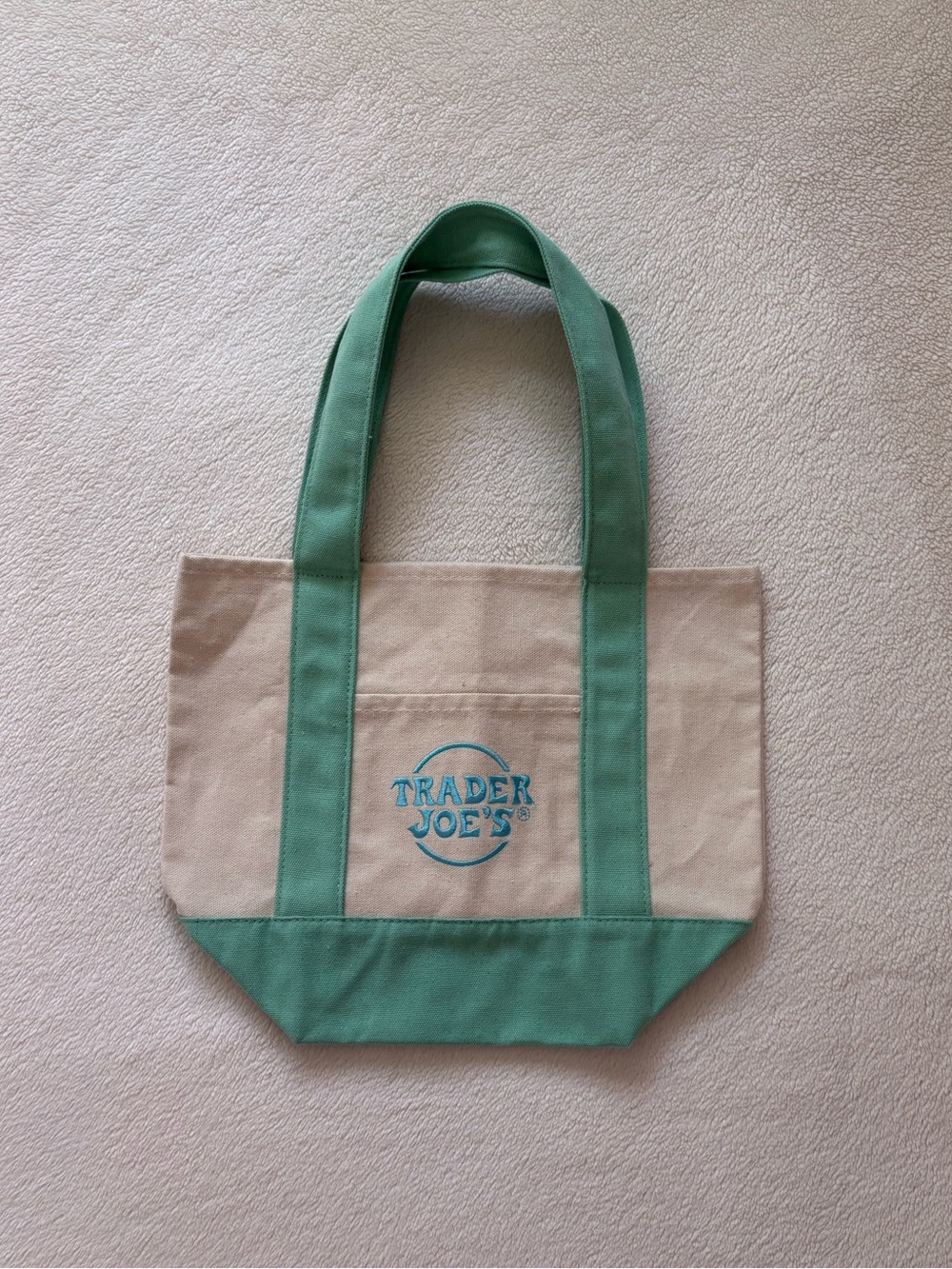 TRADER JOE’S Mini Canvas Tote Bag in Green, Light Blue, and Cream
